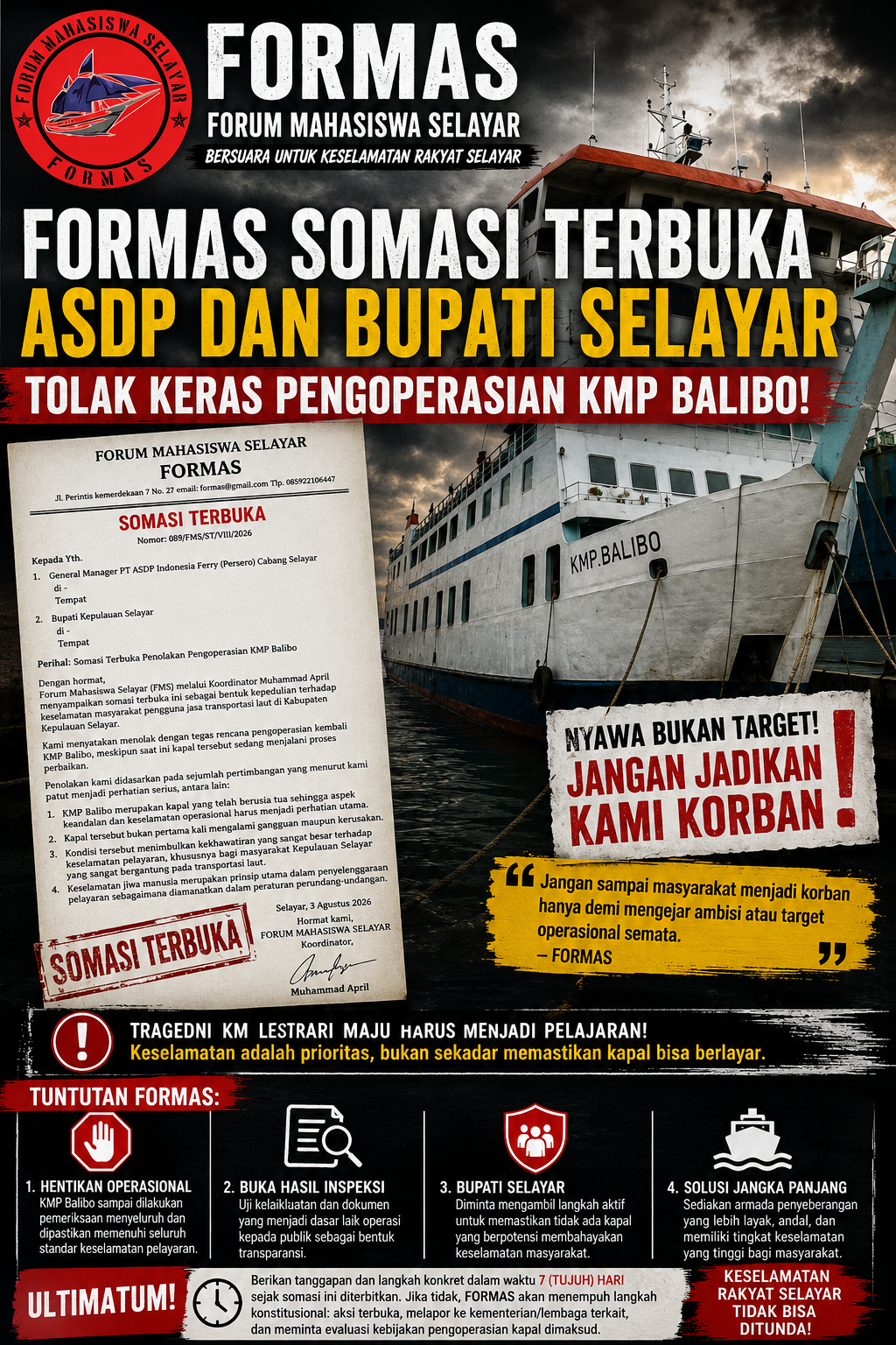 FORMAS Somasi Terbuka ASDP dan Bupati Selayar, Tolak Pengoperasian KMP Balibo: "Jangan Jadikan Nyawa Masyarakat Taruhannya"