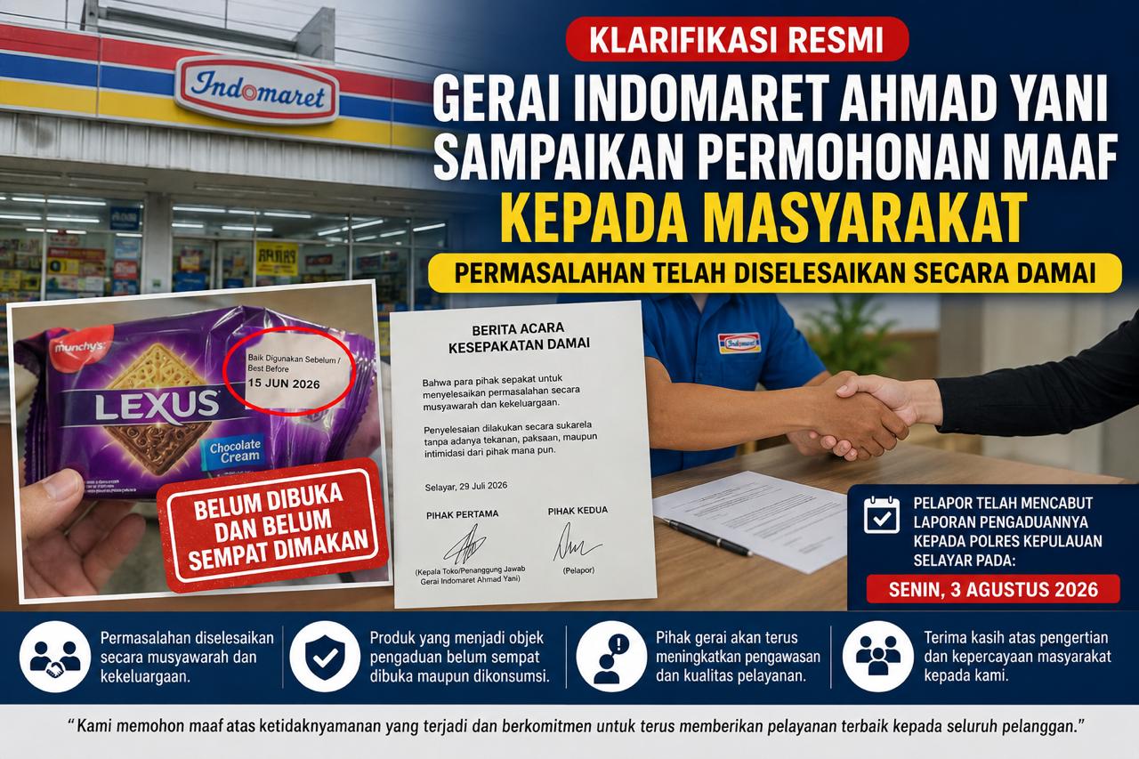 Gerai Indomaret Ahmad Yani Sampaikan Permohonan Maaf kepada Masyarakat, Klarifikasi Permasalahan Telah Diselesaikan Secara Damai
